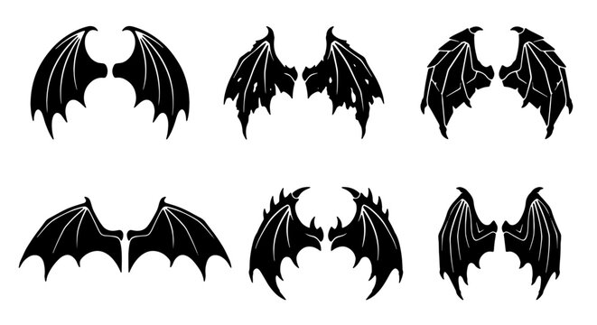 Set of 6 Black Dragon Wings, Gothic Bat Wings Vector Icons, Fantasy Creature Emblems, Devilish Angelic Wing Silhouettes for Design
