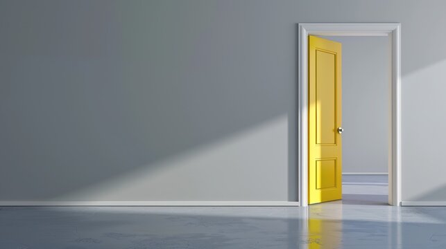 Bright yellow open doorway in completely grey empty room, light flooding in, hope and optimism concept, minimal 3D render, vast text overlay space.