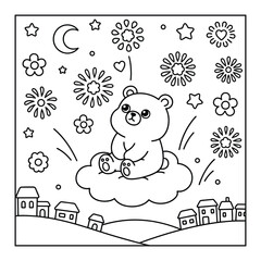 Fireworks exploding around a cute bear cub sitting on a floating cloud vector coloring page © Crafter
