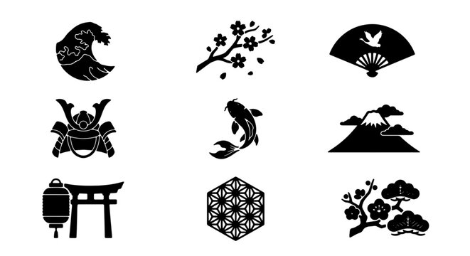 Japanese Culture Icons Set: Samurai Helmet, Koi Fish, Cherry Blossom, Wave, Mount Fuji, Torii Gate, Lantern, Fan, Pine Tree, Geometric Pattern