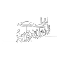Obraz premium Continuous line drawing of people sitting at restaurant tables outdoors under umbrellas.