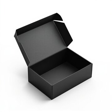 Rigid charcoal black cardboard shoe box mockup isolated on white background, unbranded top angle packaging design