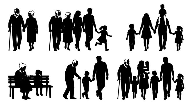 Diverse Family Silhouettes Collection, Multi-Generational Groups, Parents and Children, Elderly Couples, Vector Icons for Lifestyle and Community Concepts