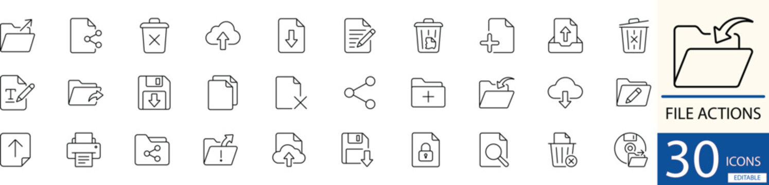 Flat line vector file actions icon set showing document management and interface action concepts in clean minimal style. Perfect for web, app, and office design use