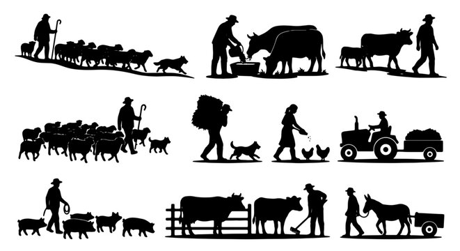 Farm Life Silhouettes: Rural Agriculture Scenes, Livestock Herding, Tractor Farming, Shepherd with Sheep, Farmer with Cows and Pigs, Vector Collection