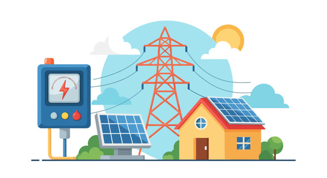 Solar Energy System with House, Power Meter, and Transmission Tower.
