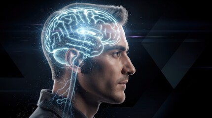 Obraz premium A side profile of a man with a glowing digital brain illustration overlay, symbolizing neuroscience, cognition, and advanced technology integration.