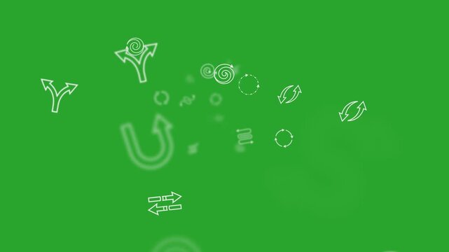 Hand drawn arrows spirals loop squiggles animated on a green screen chroma key background.  epic concept graphics computer overlay abstract element channel imagery media 8k superb clean effects