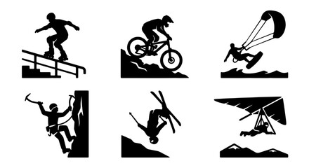 Extreme Sports Icons Set: Snowboarding, Mountain Biking, Kitesurfing, Rock Climbing, Skiing, Hang Gliding Vector Graphics © Iqbal