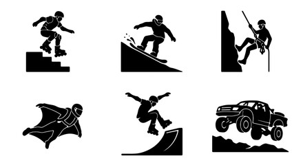 Extreme Sports Icons Set: Snowboarding, Rock Climbing, Wingsuit Flying, Skateboarding, Off-Road Trucking, Action Silhouettes, Vector Graphics for Adventure and Adrenaline © Iqbal