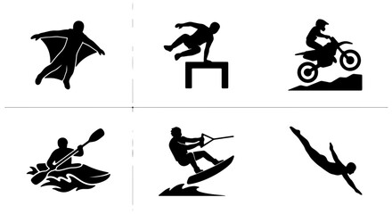 Extreme Sports Icons Set: Wingsuit Flying, Parkour, Motocross, Kayaking, Wakeboarding, Diving Silhouettes, Action Vector Graphics © Iqbal