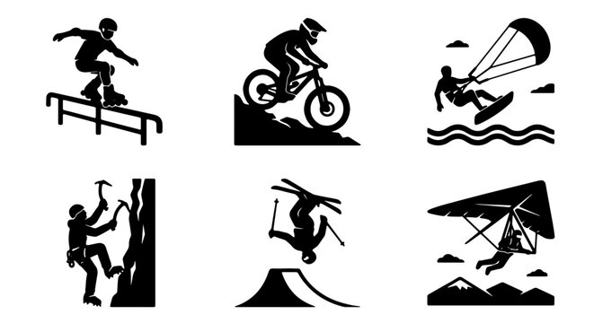 Extreme Sports Icons Set: Snowboarding, Mountain Biking, Kitesurfing, Rock Climbing, Skiing, Hang Gliding Vector Graphics for Adventure and Action Themes