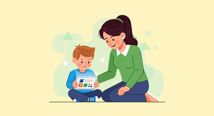 Fototapeta premium Mother and child learning together on tablet, happy family bonding, digital education concept