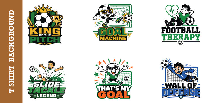 Set of six sports apparel graphics featuring soccer humor and competitive match themes.