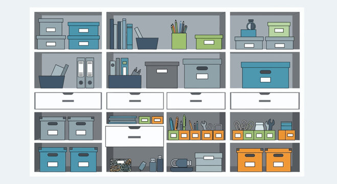 Organized office supply storage shelves with boxes, drawers, and containers.