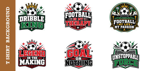 Set of six football t shirt vector designs featuring typography and graphic illustrations. © jubayer95