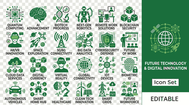 A collection of green icons depicting various aspects of future technology and digital innovation on a transparent background.