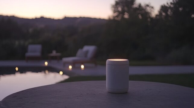 Modern outdoor speaker resting on a patio table near a swimming pool at dusk.