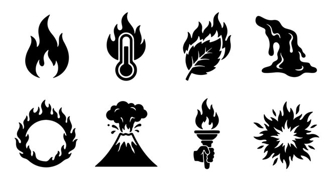 Set of 8 Fire and Heat Icons, Vector Graphics for Energy, Danger, and Temperature Concepts