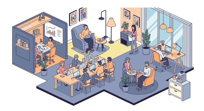 Modern coworking space with diverse people working, collaborating, and relaxing.