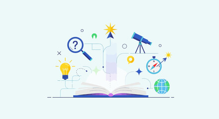 Open Book with Icons Representing Knowledge, Discovery, Innovation, and Exploration © Sarwanto1122