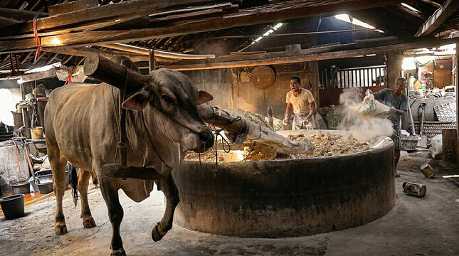  Traditional noodle making process using a cow to grind dough