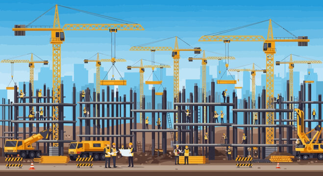 Pixel Art Construction Site with Cranes, Workers, and Buildings Under Development