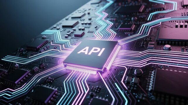 Futuristic glowing API chip with neon circuits pulsing data on a high-tech motherboard