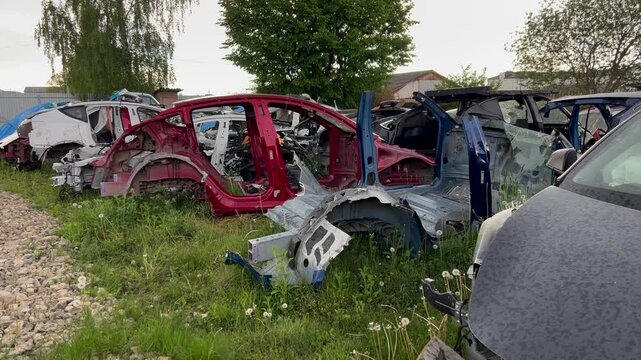 Electric car junkyard. Car beyond repair after accident. Car rusting in junkyard. Scrap metal being recycled. Dismantling of spare parts, scrap metal recycling.