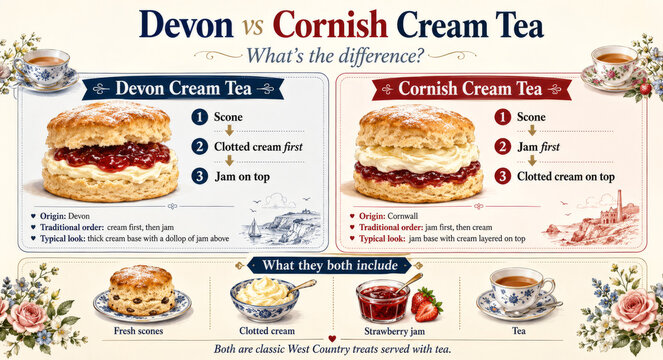 British Devonshire versus Cornish Cream Tea Tradition Infographic