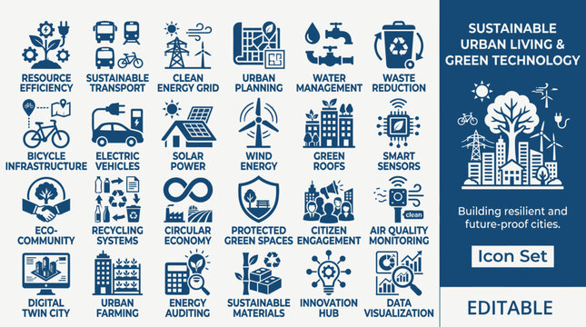 Sustainable urban living icons showcase green technology solutions for eco-friendly cities with solar panels and renewable energy.