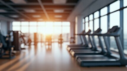 Fototapeta premium Modern gym interior with treadmill row and large windows letting in warm sunlight during early morning workout session