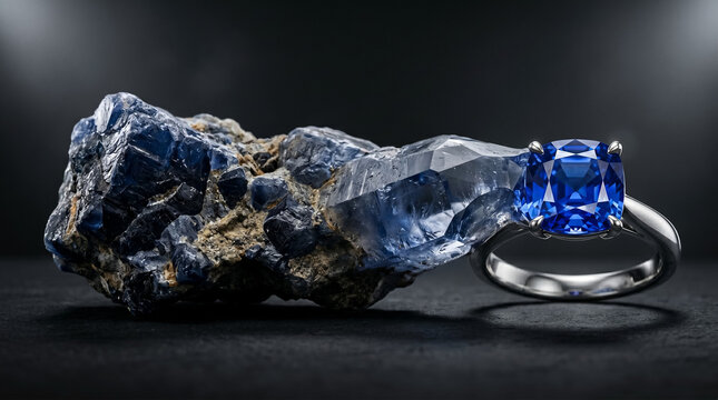 Raw blue sapphire crystal next to a finished diamond ring on a dark surface