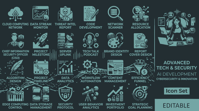 A collection of various tech icons illustrating development and security concepts on a dark background with a person.