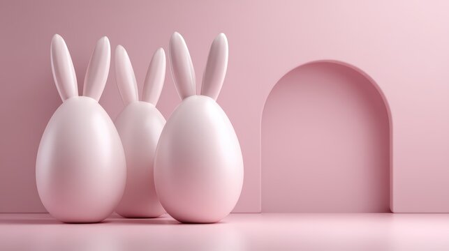 Minimalist pink scene featuring four egg-shaped figures with bunny ears beside a rounded arch on a smooth surface, ai animal backgrounds for kids