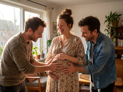 Same-sex couple happily places their hands on the belly of pregnant surrogate mother. Reproductive medicine, diverse family, LGBT parenthood concept. Lifestyle shot for poster, visual material 