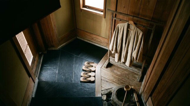 Traditional Japanese entryway featuring geta sandals on stone floor, a linen robe on a wooden rack, and a stone water basin with a ladle in a rustic interior.