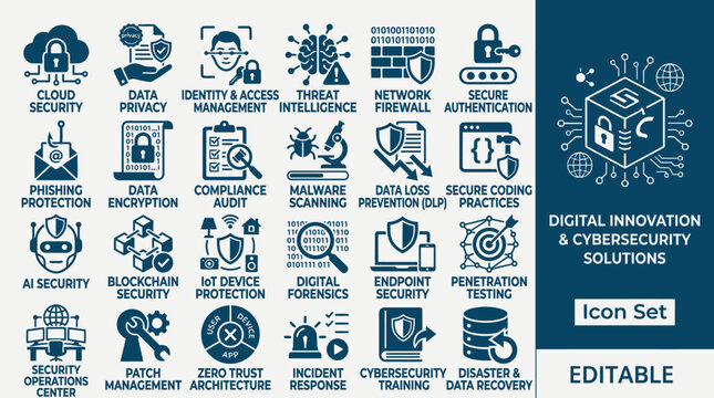 Digital innovation and cybersecurity solutions icons illustrate various technology concepts.