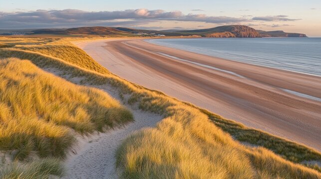 Golden beach and dunes at sunset.