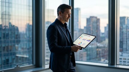 Fototapeta premium Mature businessman in suit analyzing AI data dashboard on digital tablet in modern high-rise office with city skyline background
