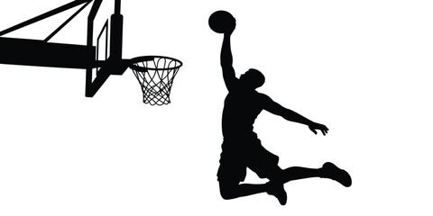Basketball Player Dunk Silhouette – Dynamic Slam Dunk Sports Illustration with Athlete Jumping Near Hoop in Minimal Black Design © sabia