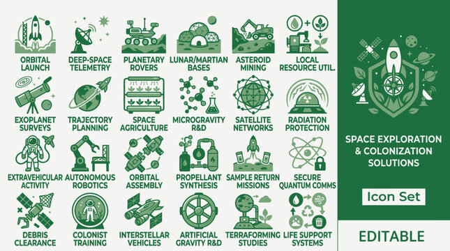 Space exploration and eco-friendly solutions icon set on white background