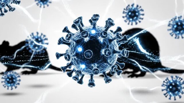 Blue hantavirus particles transmitting from rats in a clinical 3d render with a sterile mood.