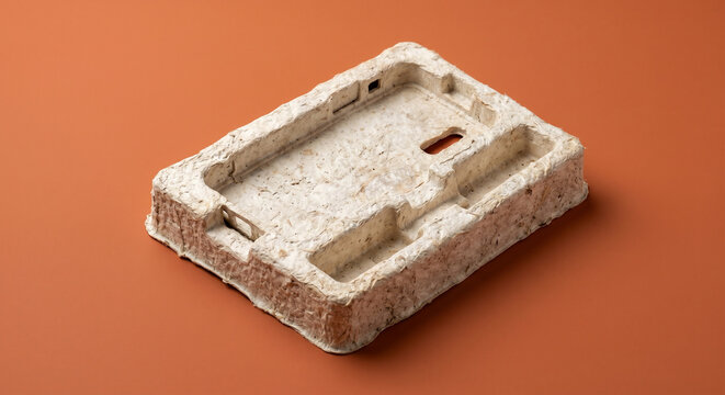Molded pulp tray for electronic device packaging rests on an orange backdrop to showcase sustainable materials.