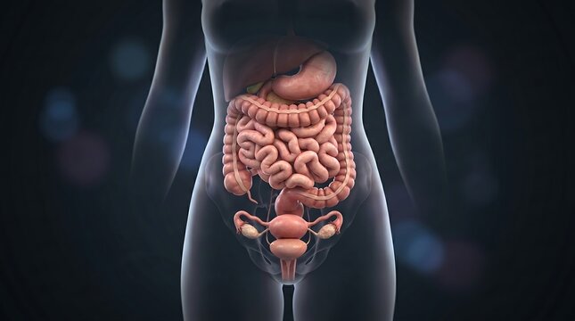 Detailed medical illustration of human digestive system and internal organs