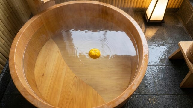 Traditional Japanese wooden bathtub filled with steaming hot water and a floating yuzu citrus fruit, representing a relaxing onsen or ryokan spa experience.