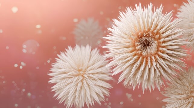 Soft, spiky spherical flowers with a delicate, almost feathery texture, set against a warm, blurred background with floating light particles, ai animal backgrounds for kids
