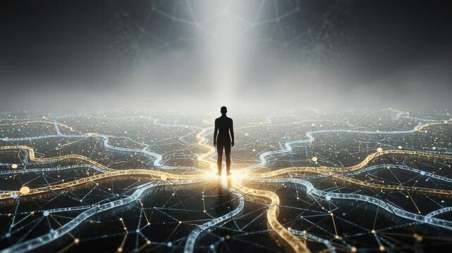 A lone figure illuminated in the center of a glowing neural network representing digital connection and technology