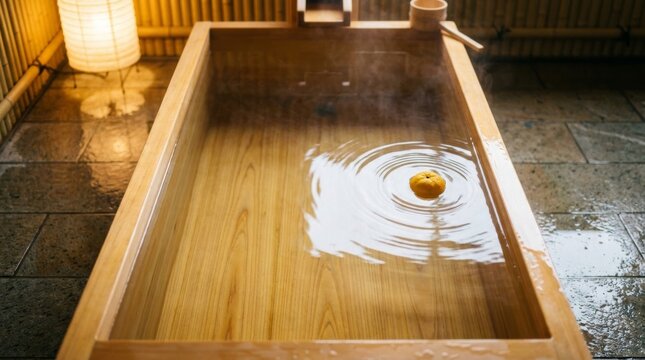 Traditional Japanese wooden bathtub with a floating yuzu citrus fruit and rising steam, featuring ripples in the water and a warm paper lamp in a serene ryokan spa setting.
