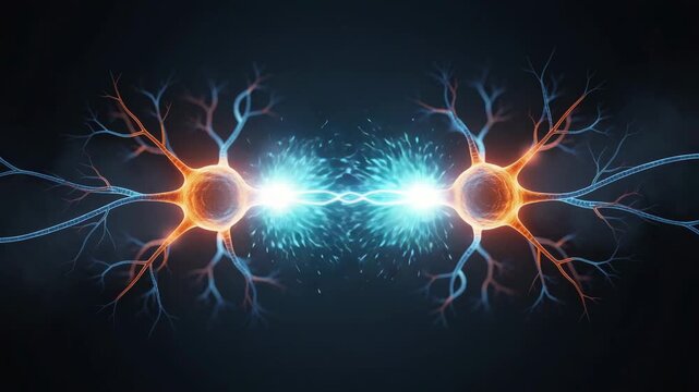 Electrifying animation of glowing neurons firing and transmitting sparks in vibrant neural network